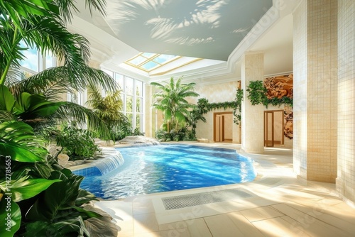 Indoor tropical oasis with a sunny pool surrounded by lush greenery and bright skylights