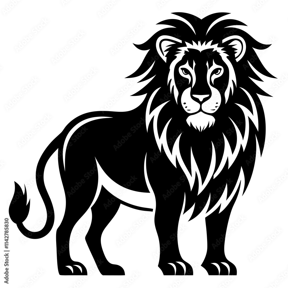 Majestic Lion Silhouette with Detailed Mane - Black and White Vector Illustration Majestic Lion Silhouette with Detailed Mane - Black and White Vector Illustration