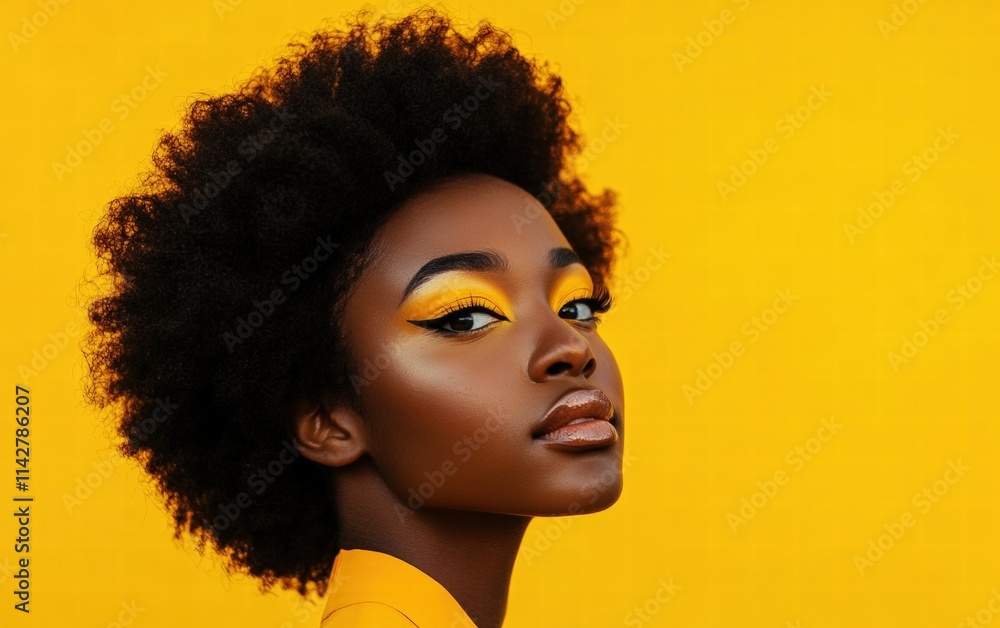 Striking portrait of a model with bold eyeshadow and dramatic lighting, posing on a vibrant yellow studio background Striking portrait of a model with bold eyeshadow and dramatic lighting, posing on a vibrant yellow studio background