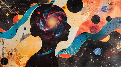 A colorful abstract art piece featuring a silhouette of a woman with a galaxy inside her head.