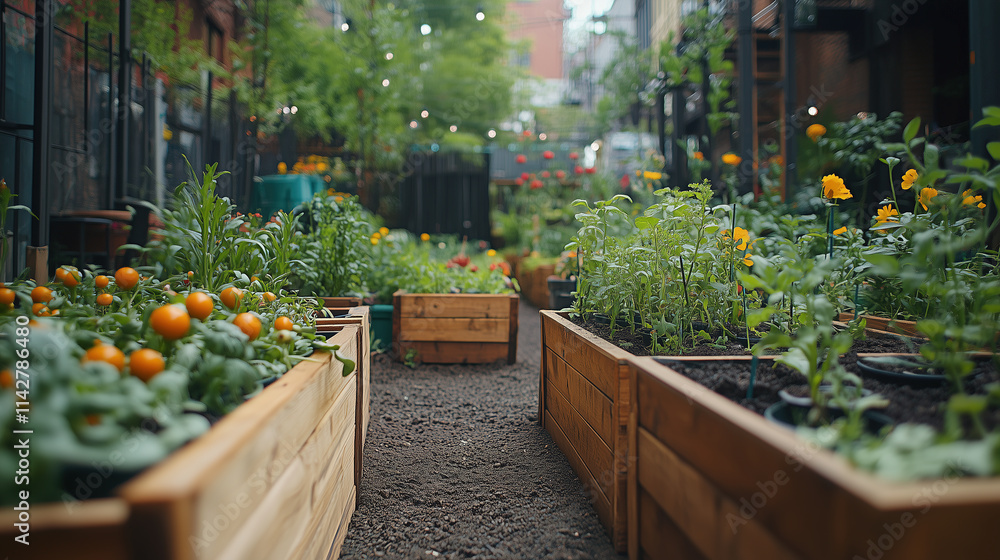 Community urban garden with wooden planters and vibrant plants during sunny afternoon hours Community urban garden with wooden planters and vibrant plants during sunny afternoon hours