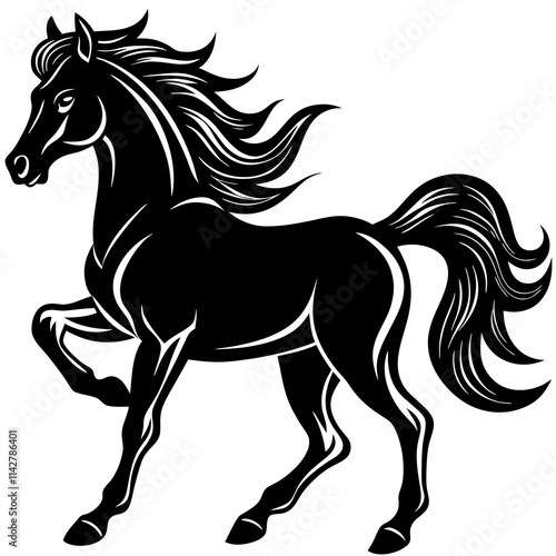 Graceful Horse Silhouette with Flowing Mane and Tail - Black and White Vector Art