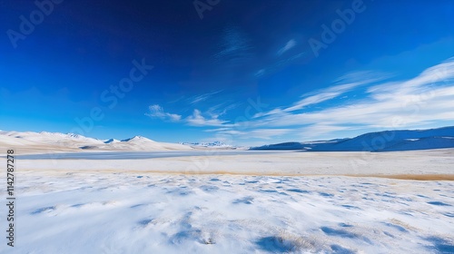 Panoramic winter landscape with snow-covered plains, a frozen lake, and mountains under a vibrant blue sky.