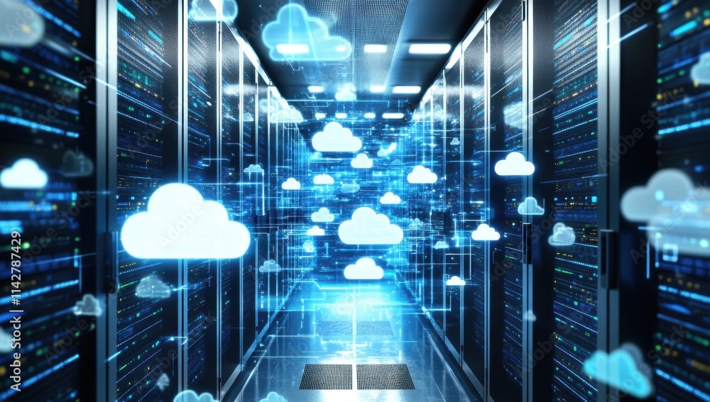 A futuristic scene depicting cloud technology, with a server room filled with digital clouds and floating icons, all in a blue color theme Generative AI A futuristic scene depicting cloud technology, with a server room filled with digital clouds and floating icons, all in a blue color theme Generative AI