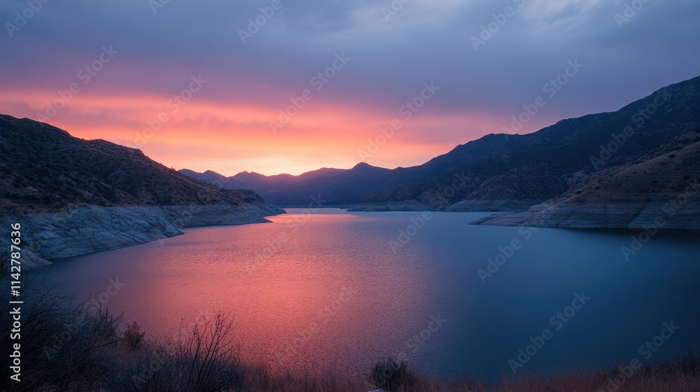 Fototapeta premium Beautiful sunset over tranquil lake surrounded by mountains reflects calmness and nature's harmony during evening hours
