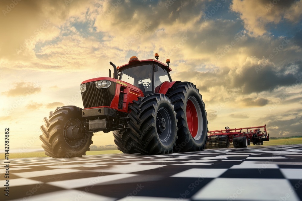 Fototapeta premium Bright sunset illuminating a red tractor on a chessboard field