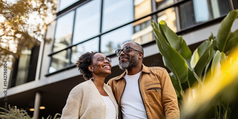 A couple of older people are smiling and standing in front of a building. The woman is wearing a white shirt and the man is wearing a brown jacket A couple of older people are smiling and standing in front of a building. The woman is wearing a white shirt and the man is wearing a brown jacket