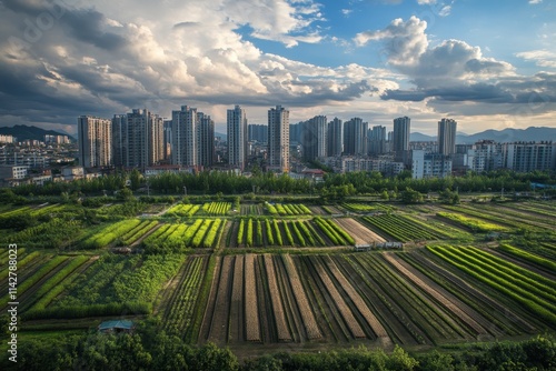 Urban skyline contrasts with lush green fields during sunset in a bustling city photo