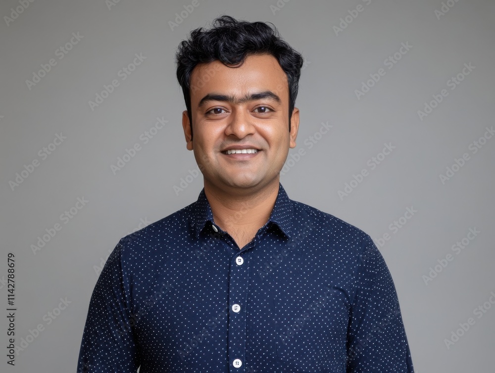 Smiling man in blue polka dot shirt stands confidently against a neutral background, showcasing a professional and approachable demeanor in studio portrait photography Smiling man in blue polka dot shirt stands confidently against a neutral background, showcasing a professional and approachable demeanor in studio portrait photography