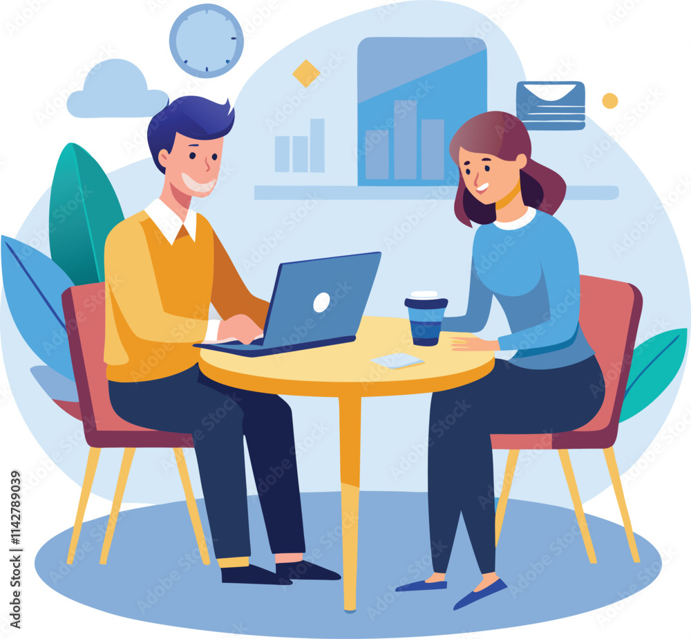 Partners meeting for business discussion with documents and laptop on desk. Couple at round table, speaking, discussing work, partnership. Flat vector on a white background Partners meeting for business discussion with documents and laptop on desk. Couple at round table, speaking, discussing work, partnership. Flat vector on a white background