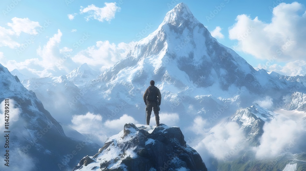 Man on mountaintop, overlooking snowy peak and clouds. Man on mountaintop, overlooking snowy peak and clouds.