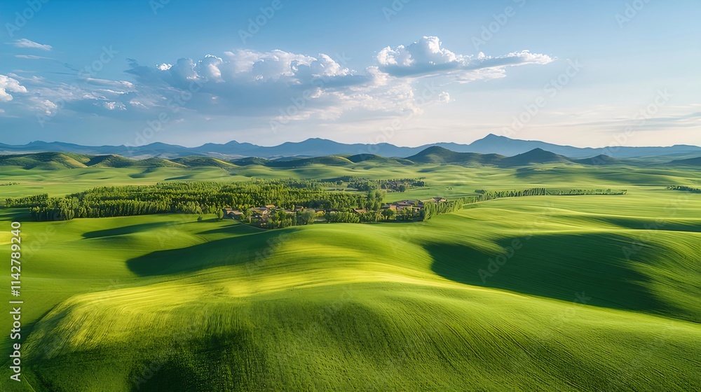 Aerial view of rolling green hills, farmland, and village under a blue sky with clouds. Aerial view of rolling green hills, farmland, and village under a blue sky with clouds.