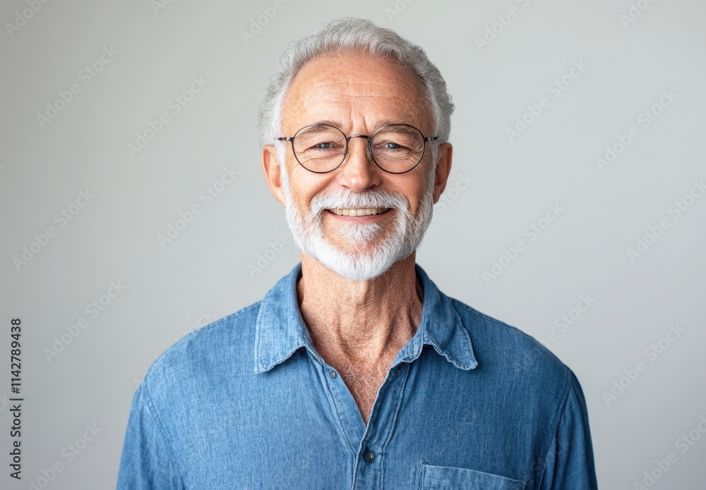 Smiling Senior Man with Glasses in Casual Blue Shirt Posing Against a Simple Background, Exuding Confidence and Warmth in a Studio Setting Smiling Senior Man with Glasses in Casual Blue Shirt Posing Against a Simple Background, Exuding Confidence and Warmth in a Studio Setting