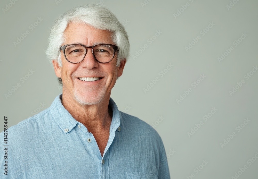 Smiling Senior Man with Glasses Posing against a Neutral Background in a Casual Light Blue Shirt, Exuding Confidence and Approachability in a Studio Setting Smiling Senior Man with Glasses Posing against a Neutral Background in a Casual Light Blue Shirt, Exuding Confidence and Approachability in a Studio Setting
