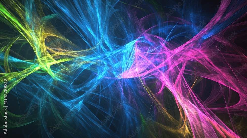 Abstract glowing neon lines in blue, magenta, yellow, and green intertwine to form a futuristic energy web with sharp geometric patterns, radiating power and vibrancy against a dark background. Abstract glowing neon lines in blue, magenta, yellow, and green intertwine to form a futuristic energy web with sharp geometric patterns, radiating power and vibrancy against a dark background.