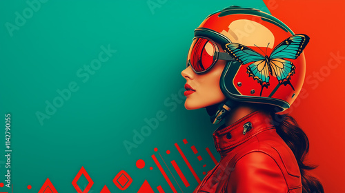 girl in red motorcycle helmet with red googles and butterfly decals in front of a green background