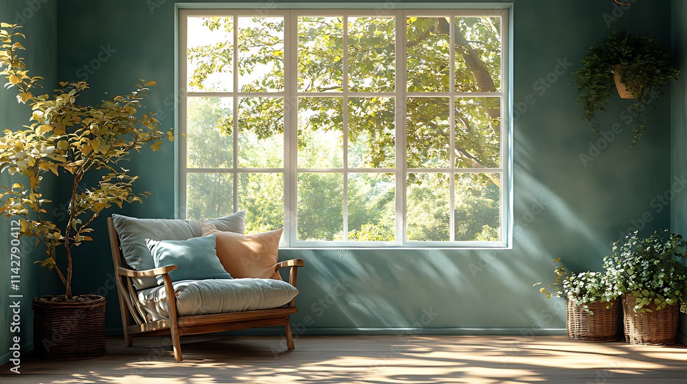 Fototapeta premium Sunlit room with armchair, plants, and large window overlooking lush greenery.