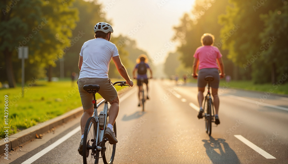 Obraz premium Cyclists on Clean Bicycle Lanes with Early Morning Glow During 