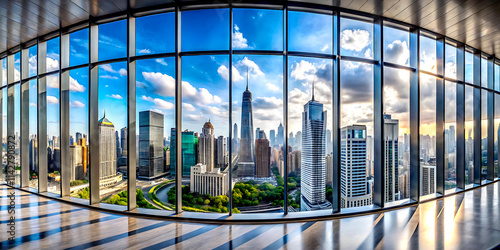 Panoramic skyline and buildings with many glass windows,