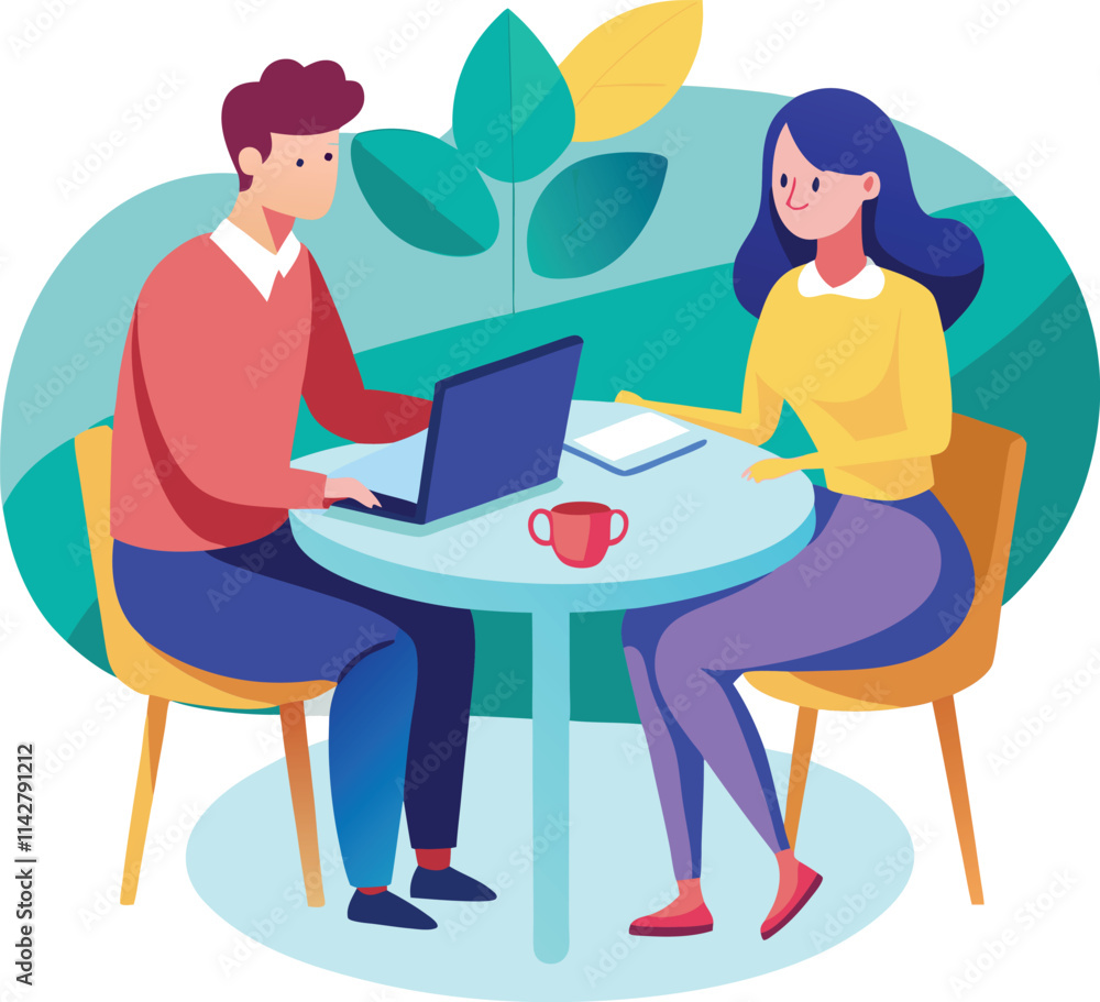 Partners meeting for business discussion with documents and laptop on desk. Couple at round table, speaking, discussing work, partnership. Flat vector on a white background Partners meeting for business discussion with documents and laptop on desk. Couple at round table, speaking, discussing work, partnership. Flat vector on a white background