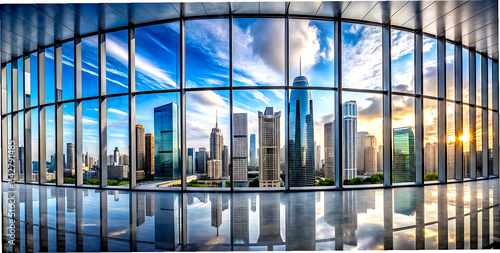 Panoramic skyline and buildings with many glass windows,