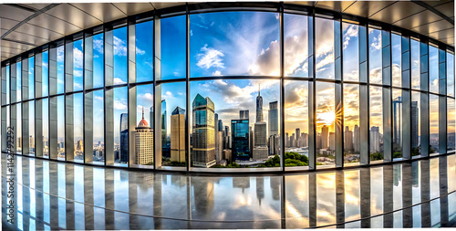 Panoramic skyline and buildings with many glass windows,