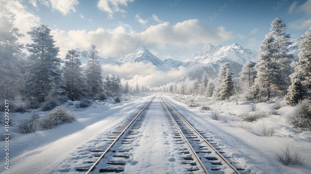 A serene winter landscape featuring snow-covered railway tracks leading into majestic mountains. A serene winter landscape featuring snow-covered railway tracks leading into majestic mountains.