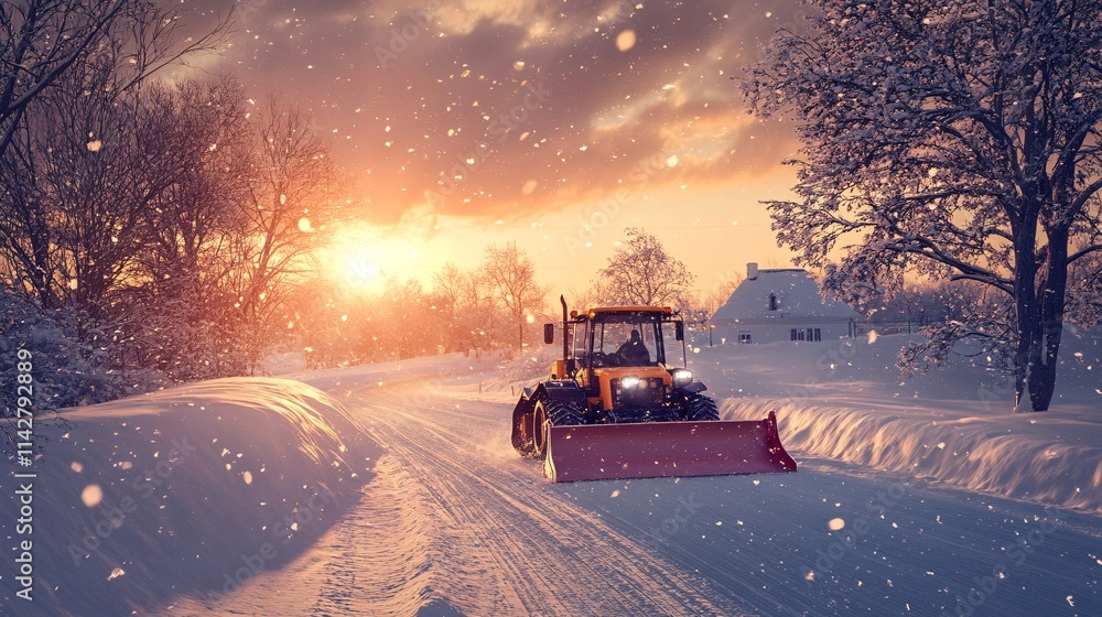A powerful tractor clears a snow-covered road at sunset, creating a serene winter scene. A powerful tractor clears a snow-covered road at sunset, creating a serene winter scene.