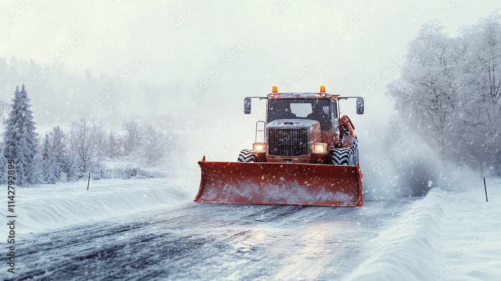 A snowplow clearing a snowy road during a heavy winter snowstorm in a rural landscape. A snowplow clearing a snowy road during a heavy winter snowstorm in a rural landscape.