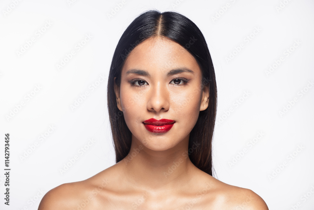 Cheerful young woman posing to camera on isolated white background Cheerful young woman posing to camera on isolated white background