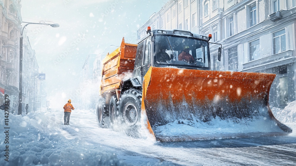 A snowplow clearing a snowy street, with a worker in an orange jacket overseeing the operation during a winter storm.