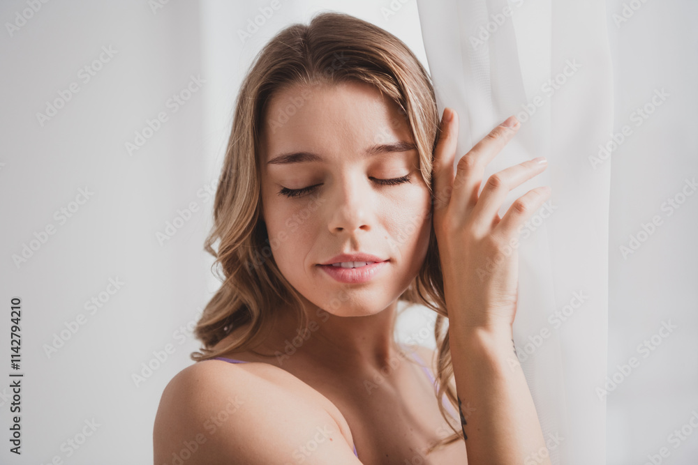 Photo of attractive young girl posing sensual model gentle face wear violet lingerie isolated white room studio background no filter Photo of attractive young girl posing sensual model gentle face wear violet lingerie isolated white room studio background no filter