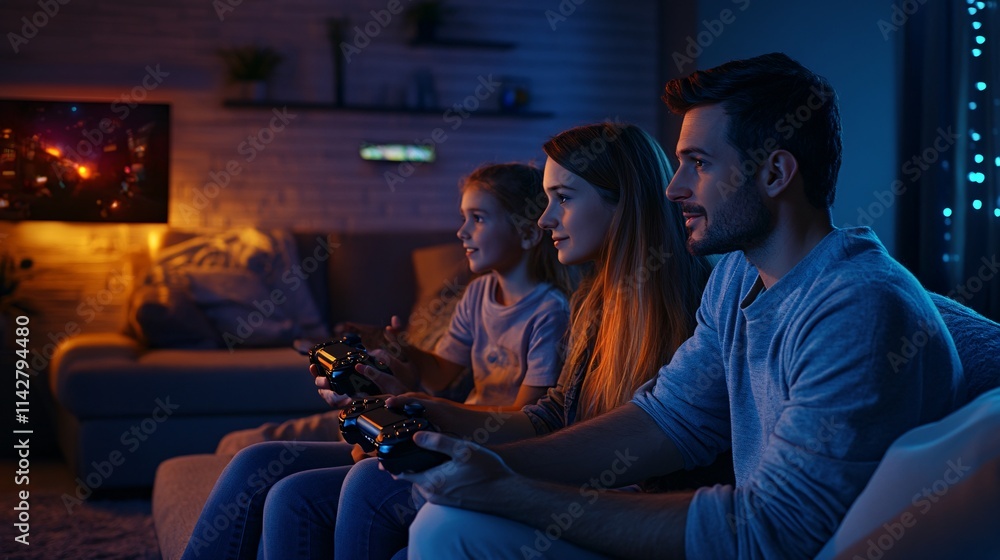 Naklejka premium A young father and his daughter enjoy gaming together at home in a cozy living room setting.