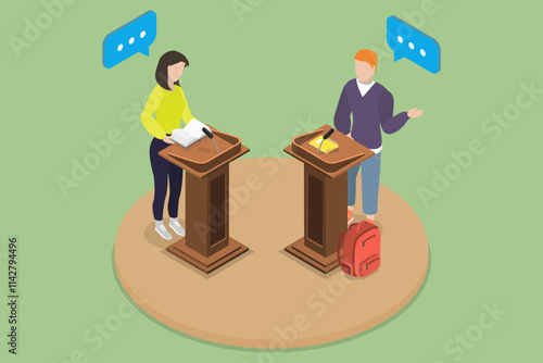 3D Isometric Flat Vector Illustration of Student Debates, Teaching Communication And Persuasion Techniques