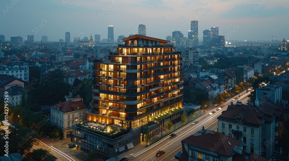 Obraz premium A modern architectural building illuminated at dusk, surrounded by a cityscape.