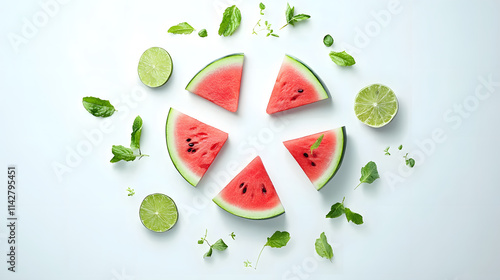 Fresh watermelon slices arranged with lime and mint leaves