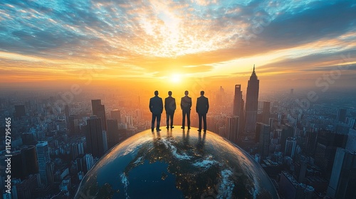 Four businessmen standing on top of the world.