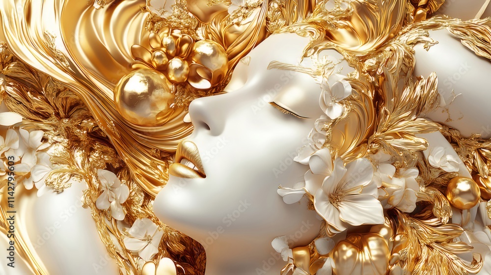 Serene female face sculpted in white, surrounded by golden floral and wave designs. Serene female face sculpted in white, surrounded by golden floral and wave designs.