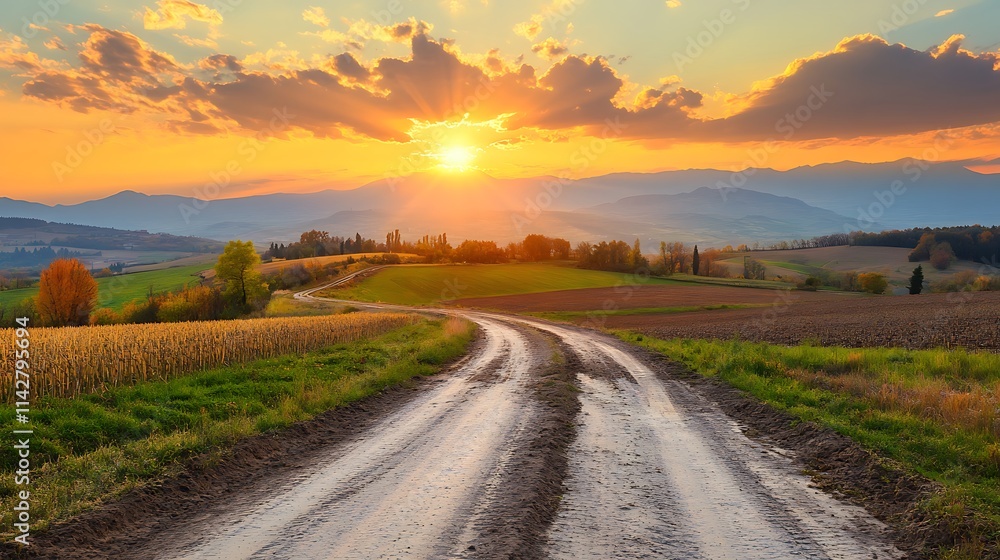 Scenic sunset over rolling hills and a winding dirt road. Scenic sunset over rolling hills and a winding dirt road.