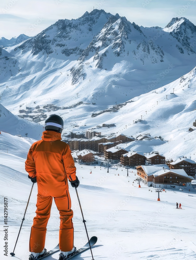 Skier overlooking snowy mountain village. Skier overlooking snowy mountain village.