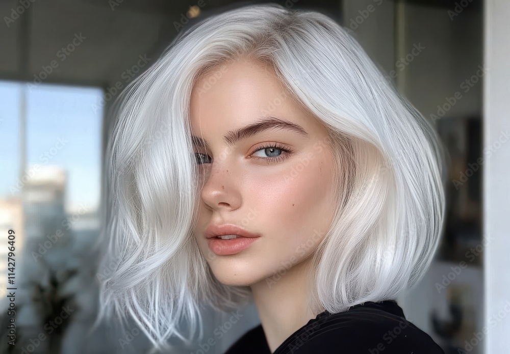 Young woman with short white hair and natural makeup gazes confidently at the camera, showcasing a modern and stylish look in a bright indoor setting Young woman with short white hair and natural makeup gazes confidently at the camera, showcasing a modern and stylish look in a bright indoor setting