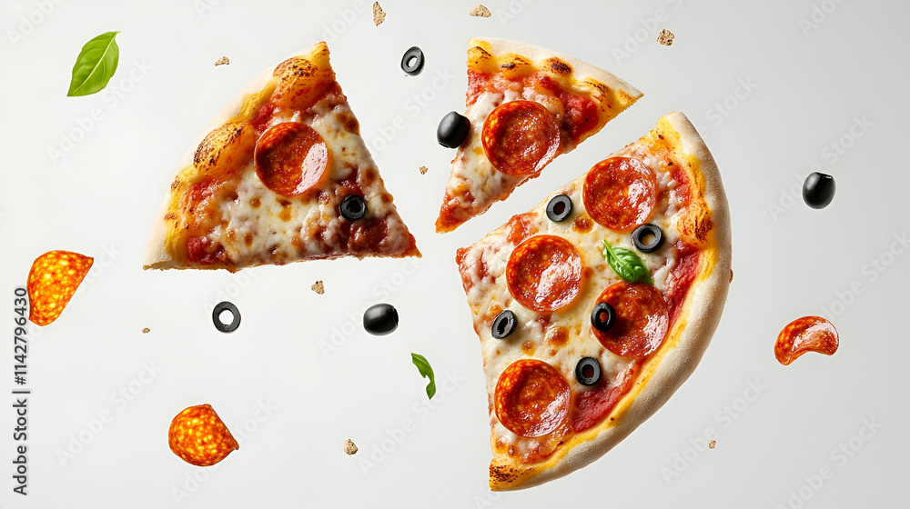Flying pepperoni pizza slices and olives captured mid-air on a clean white backdrop Flying pepperoni pizza slices and olives captured mid-air on a clean white backdrop