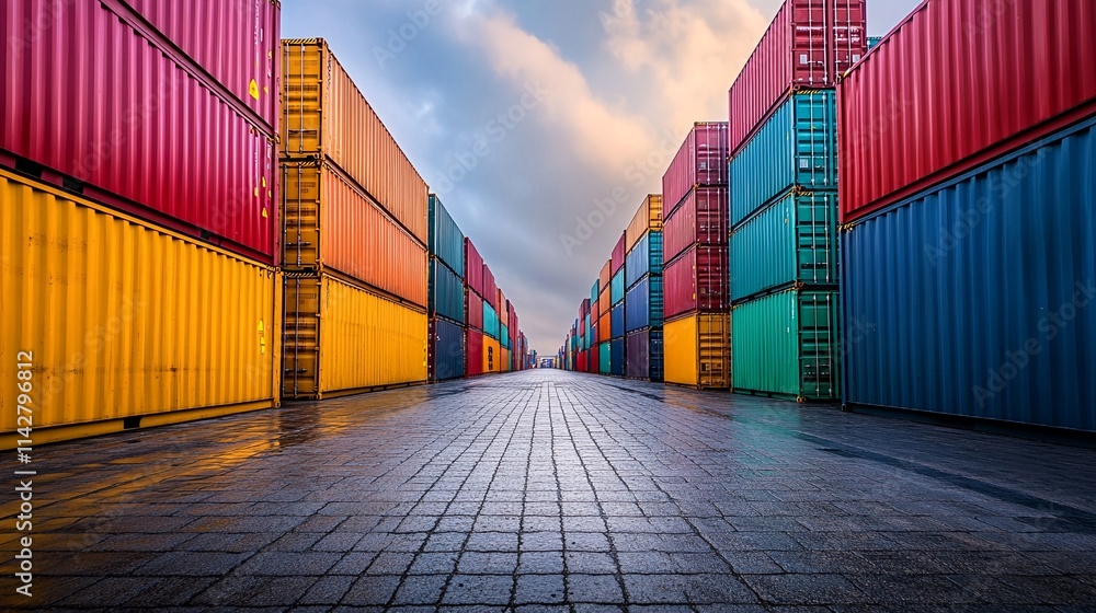 Fototapeta premium A long stone walkway is lined with colorful shipping containers stacked to the sky.