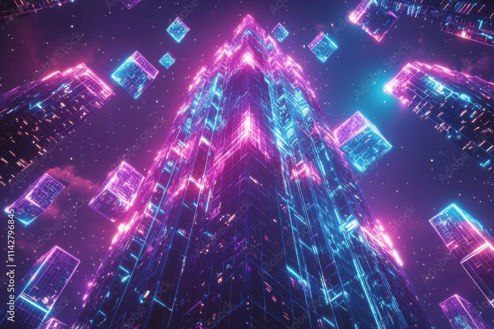 Fototapeta premium Futuristic skyscraper with glowing cubes in a digital nightscape
