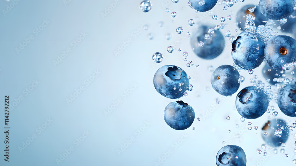 Fresh blueberries floating in water with bubbles create refreshing scene Fresh blueberries floating in water with bubbles create refreshing scene