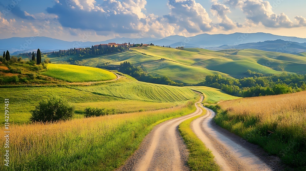 Naklejka premium Scenic Tuscan countryside road winding through rolling hills and farmland under a vibrant sky.