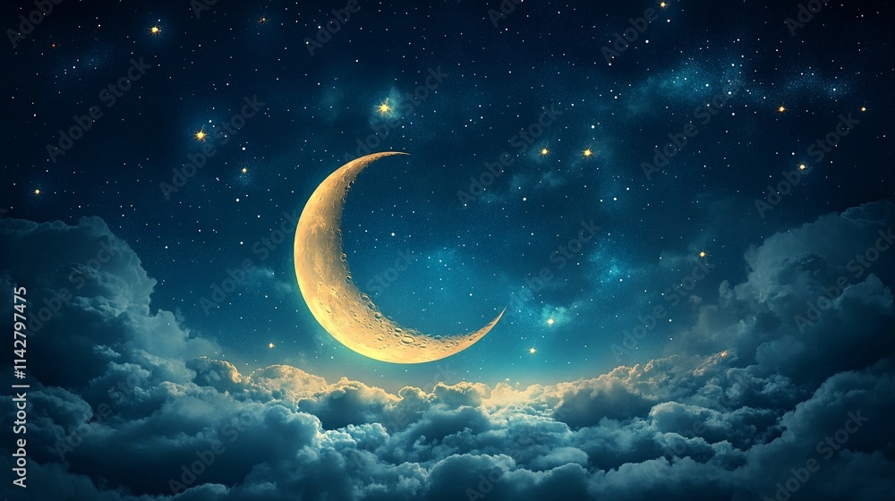 A serene and dreamy depiction of a crescent moon shining brightly in the night sky, surrounded by stars and clouds. A serene and dreamy depiction of a crescent moon shining brightly in the night sky, surrounded by stars and clouds.