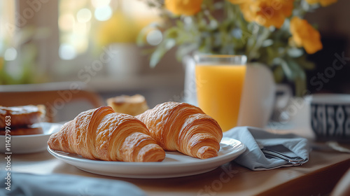 Freshly baked croissants and orange juice on a cozy breakfast table with flowers in the background