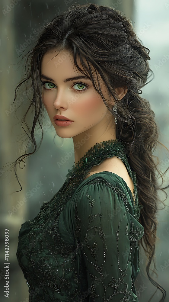 elegant lady with piercing green eyes, standing in front of an old castle, gentle wind blowing her silk gown, dramatic sky in the background elegant lady with piercing green eyes, standing in front of an old castle, gentle wind blowing her silk gown, dramatic sky in the background