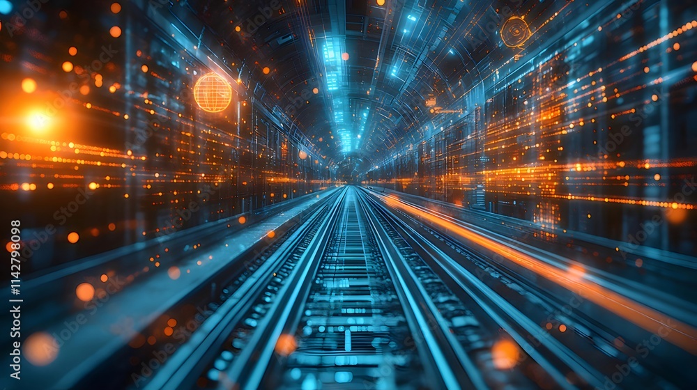 Futuristic digital railway tunnel with glowing data streams. Futuristic digital railway tunnel with glowing data streams.